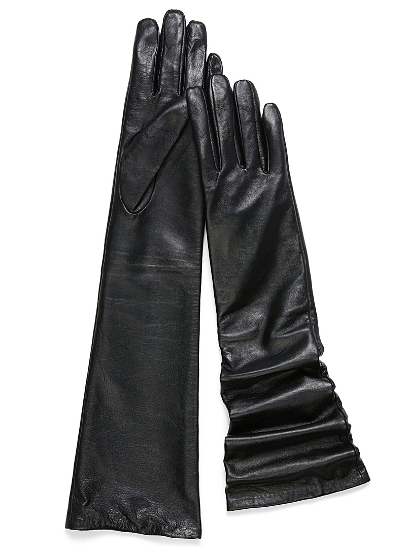 Simons Black Smooth long leather gloves for women
