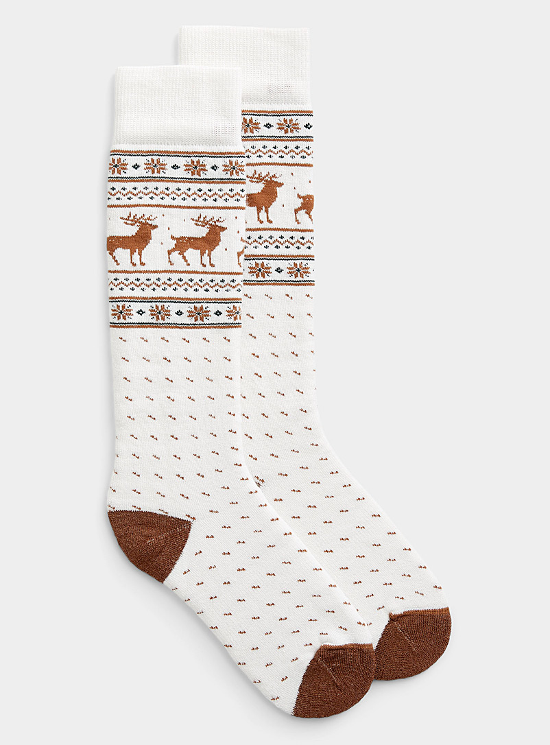 I.FIV5 Ivory White Reindeer jacquard merino wool thermal sock for women
