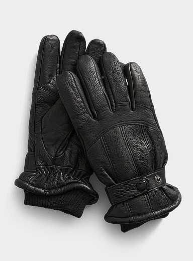 Auclair Black Knit-cuff topstitched leather gloves for men