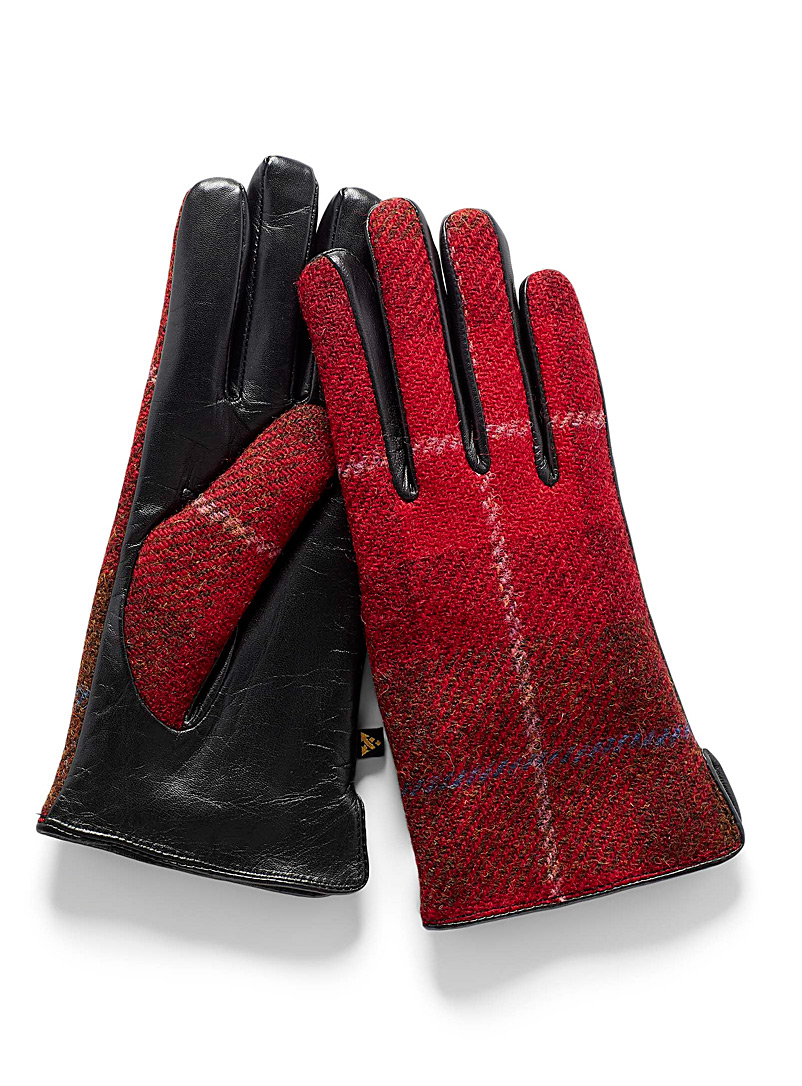 Auclair Patterned Red Tartan tweed and leather gloves for women