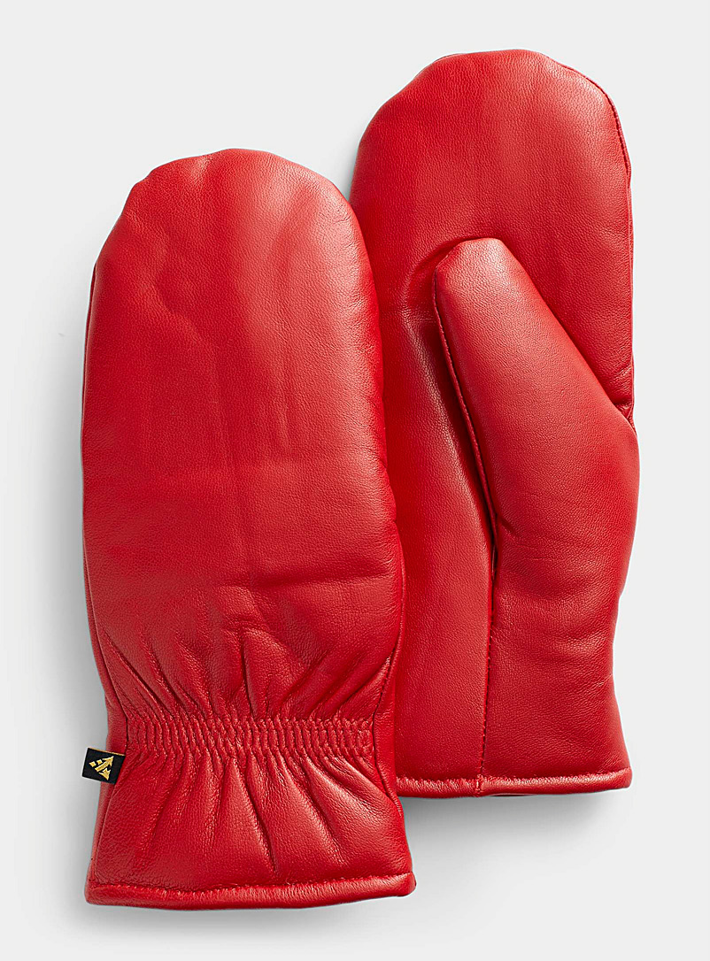 Auclair Bright Red Smooth leather insulated mittens for women