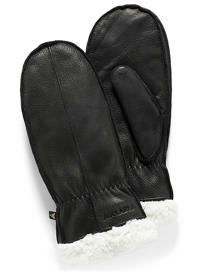 Auclair Black Lou visible-hem leather mittens for women