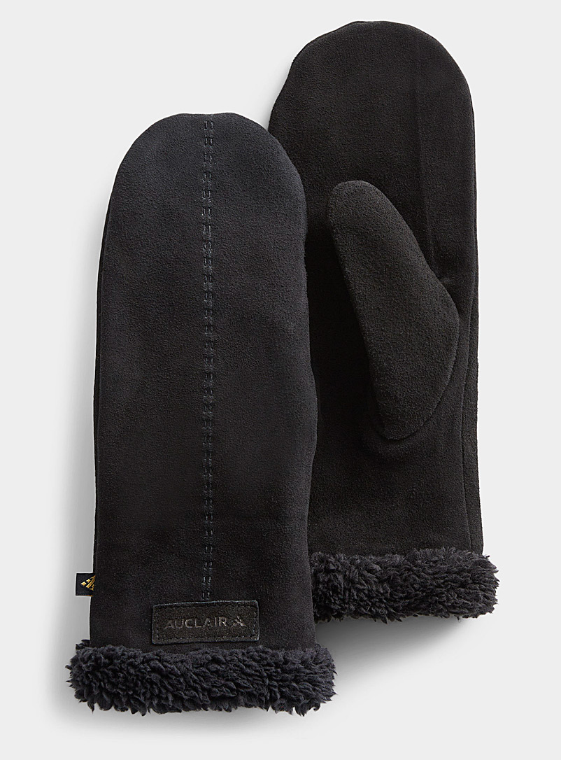 Auclair Black Sherpa cuff suede mittens for women