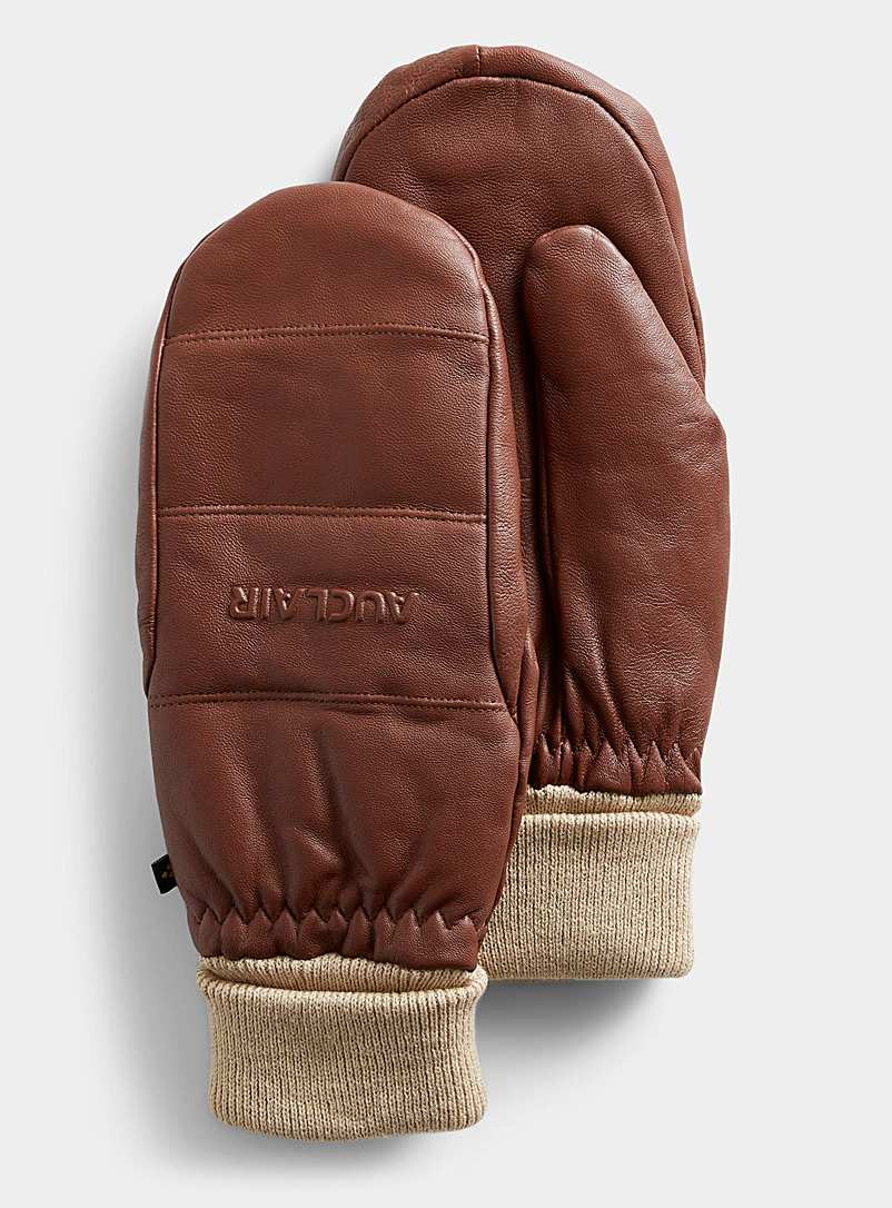 Auclair Medium Brown Luna logo leather mittens for women
