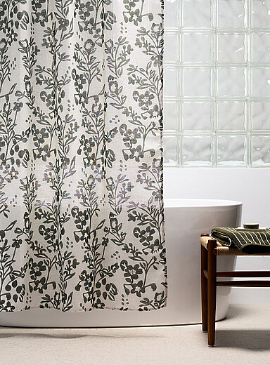 Simons Maison: Le rideau de douche fleurs vertes touche de lin &Eacute;cru &agrave; motifs