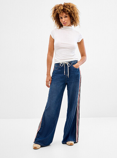 Yoga Jeans Indigo/Dark Blue Carina sporty-stripe jean <b>Fit: Wide leg, high rise</b> for women