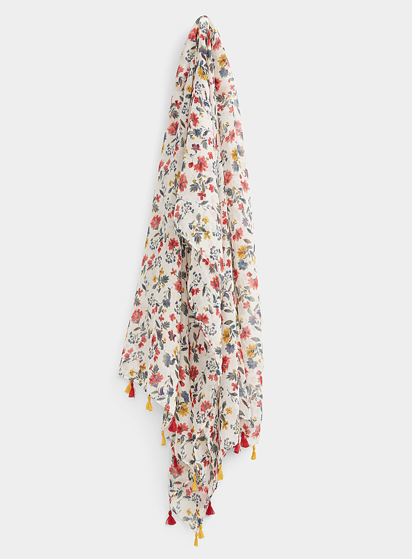 Simons Patterned White Cut flower lightweight scarf for women
