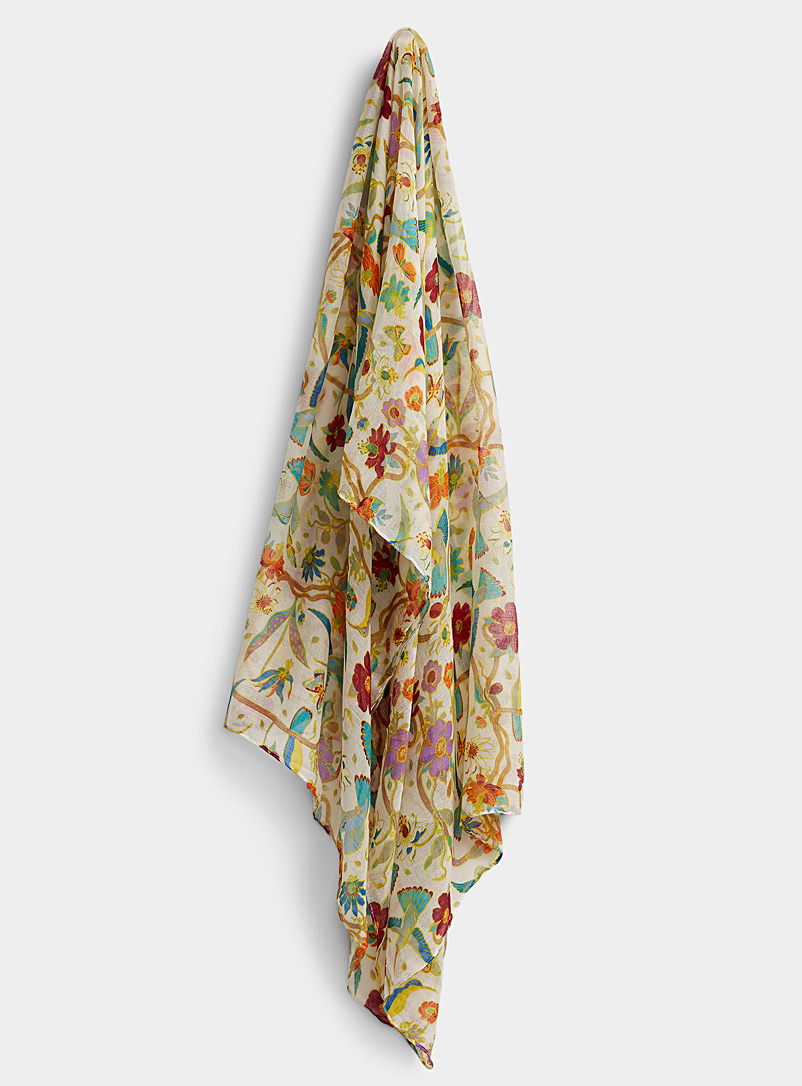 Simons Patterned White Colourful hummingbird lightweight scarf for women