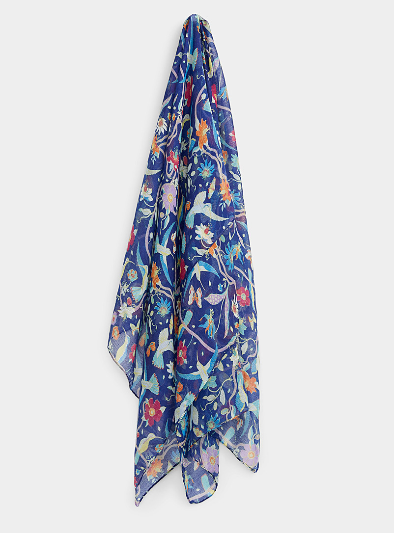 Simons Patterned Blue Colourful hummingbird lightweight scarf for women