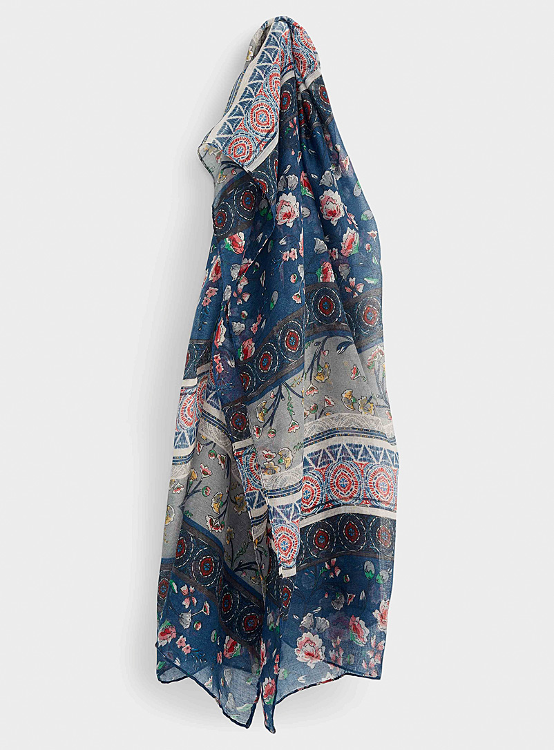 Simons Patterned Blue Geo pattern and floral lightweight scarf for women