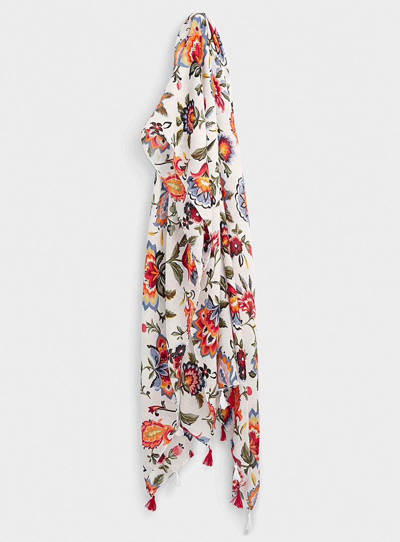 Simons Patterned White Colourful floral lightweight scarf for women