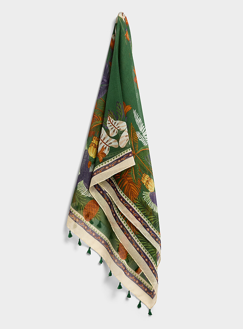 Tassel-trim lightweight tropical forest scarf product image (primary)
