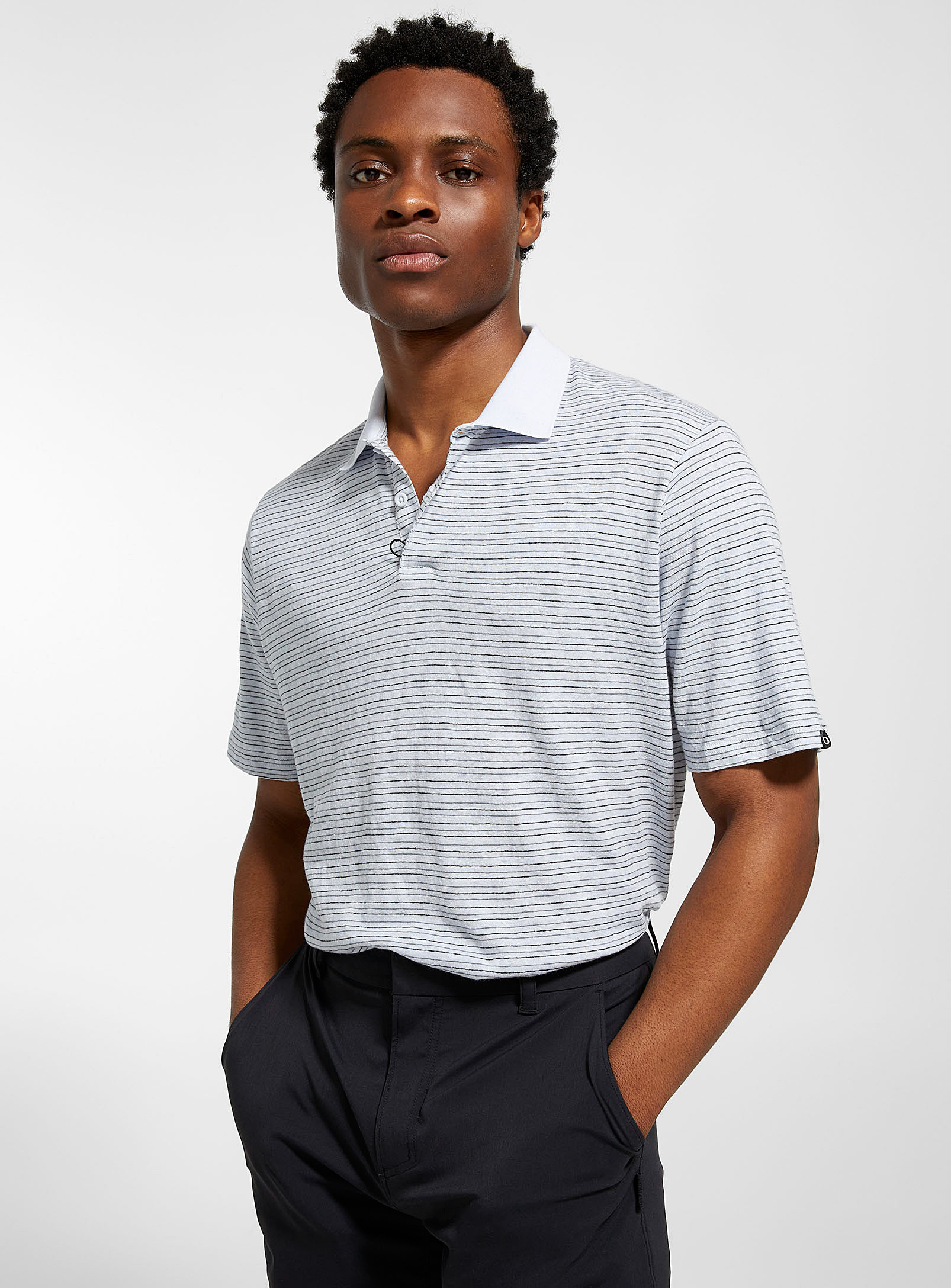 Oakley Cotton And Hemp Striped Golf Polo In Baby Blue