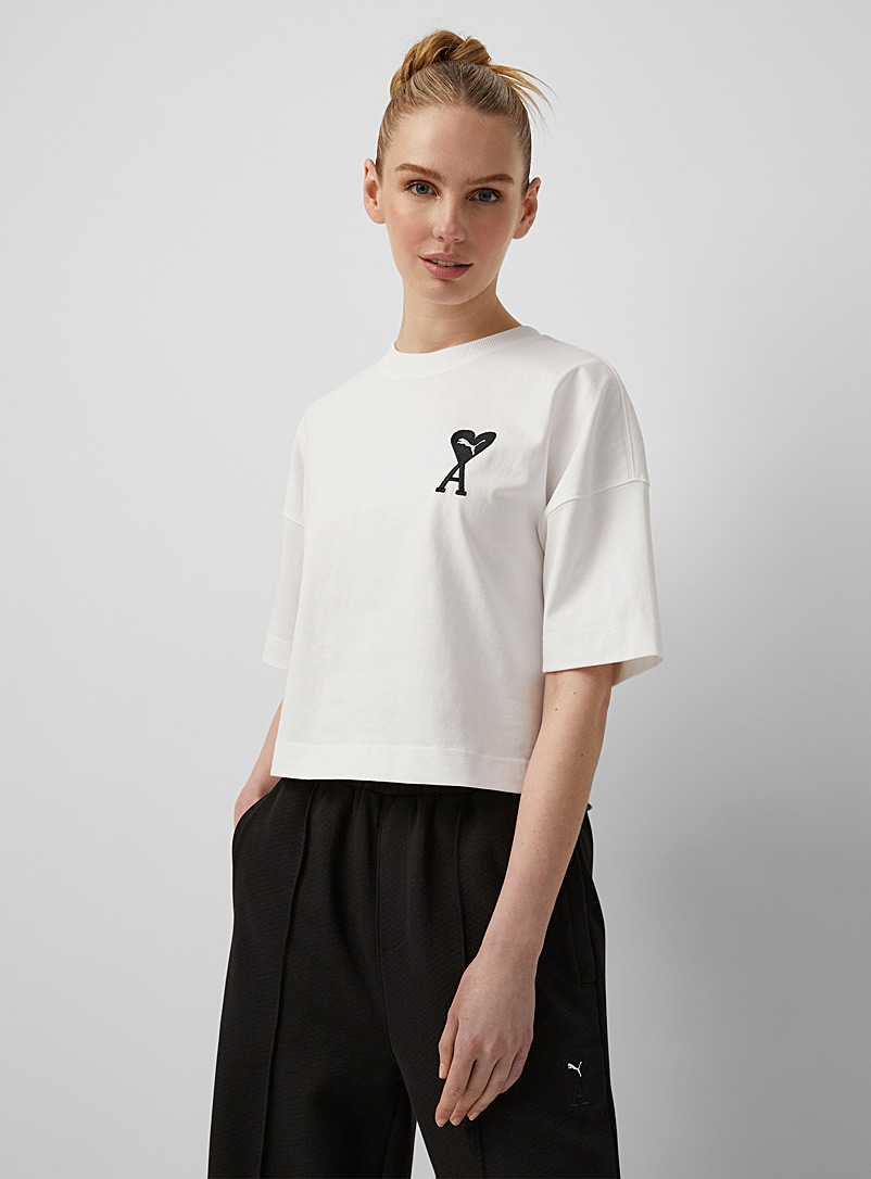 PUMA x AMI White Embroidered logo cropped tee for women