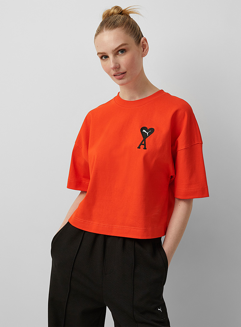 PUMA x AMI Orange Embroidered logo cropped tee for women