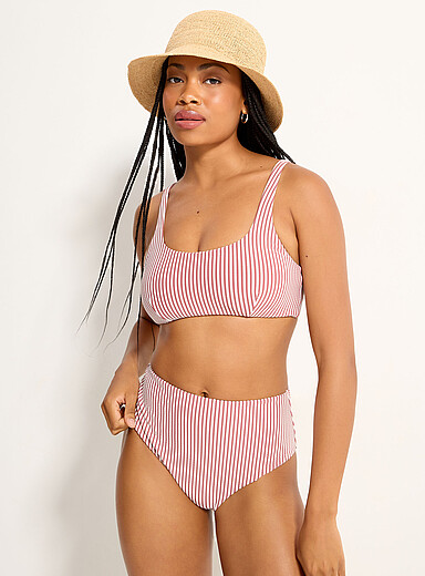 Simons Dusky Pink Textured high-rise striped bikini bottom for women