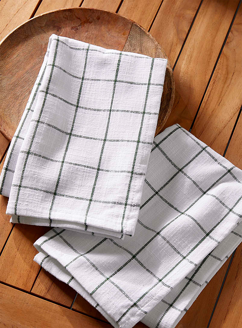 Danica Patterned White Green checks tea towels Set of 2