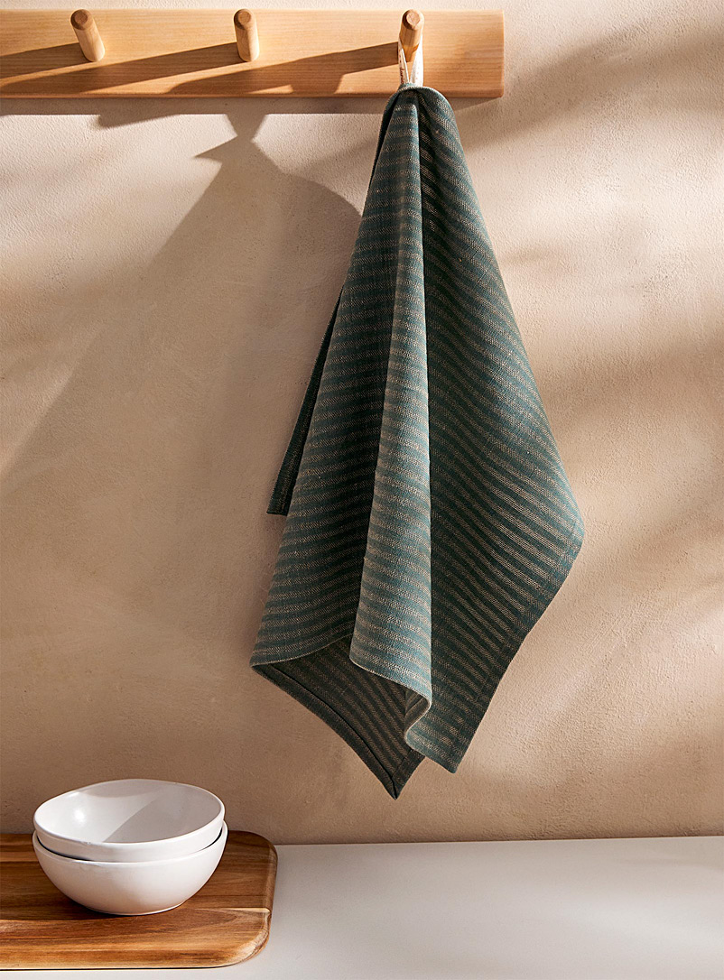 Danica Green Heathered stripes linen and cotton tea towel