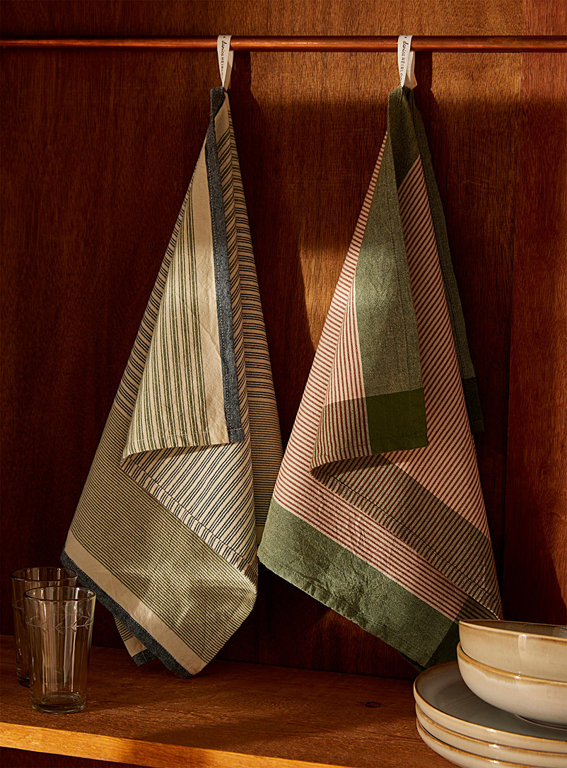Danica: Les linges à vaisselle multirayures Ensemble de 2 Vert à motifs