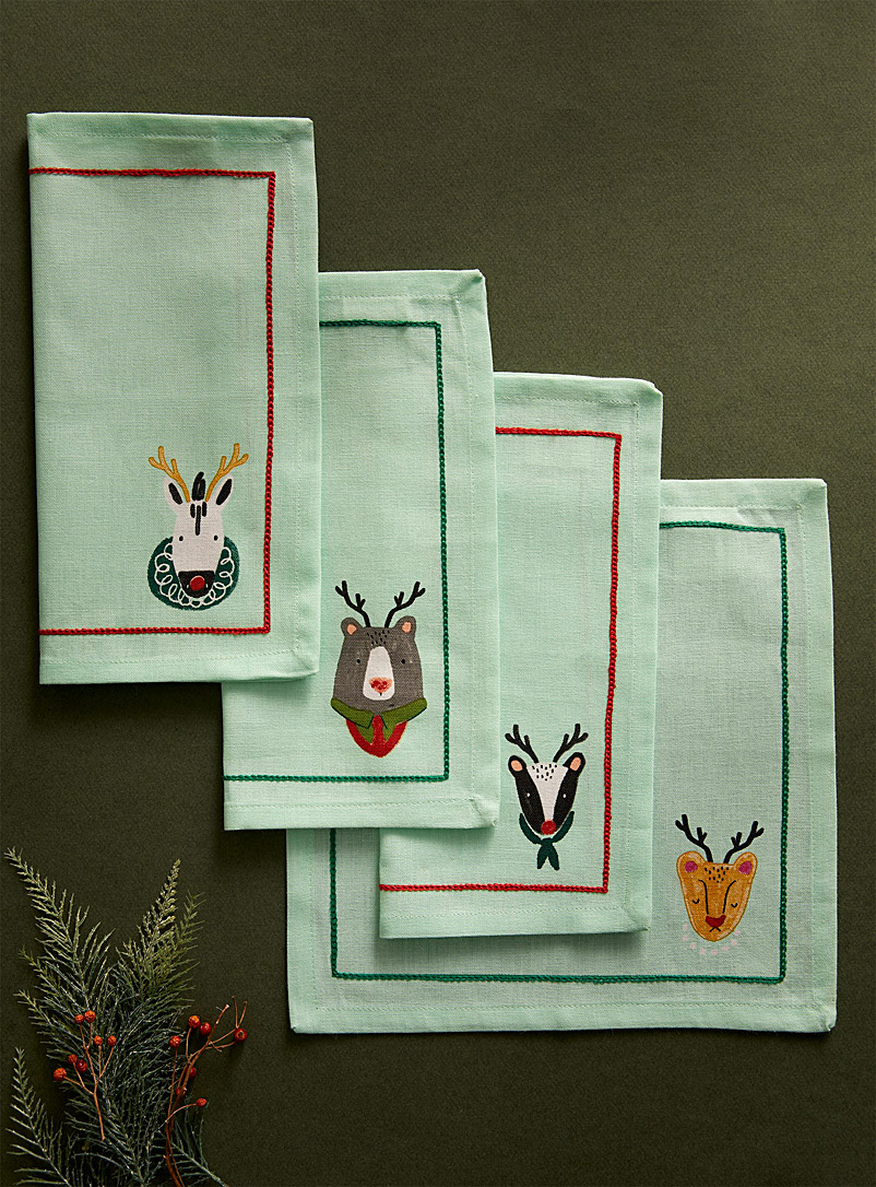 Danica: Les serviettes à cocktail animaux festifs Ensemble de 4 Vert à motifs