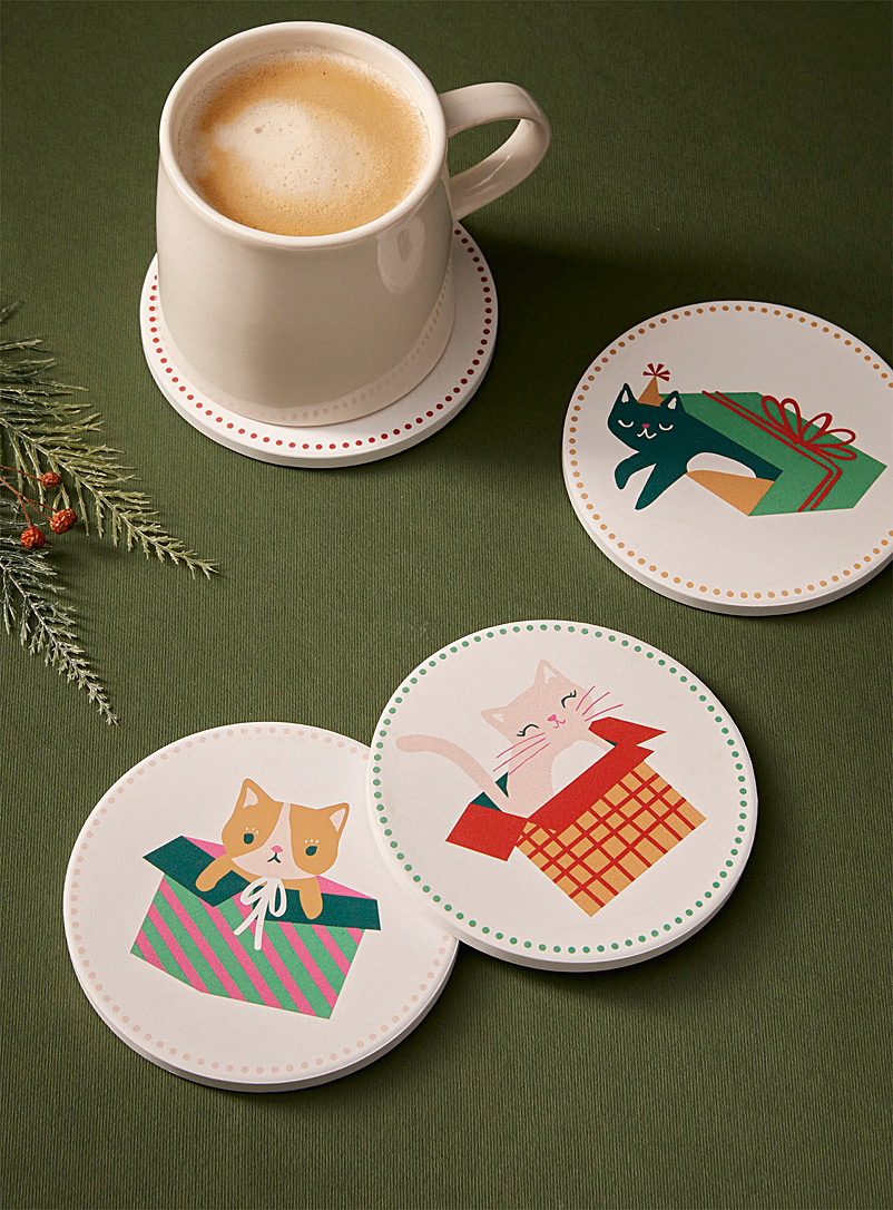 Danica Patterned White Christmas cats coasters Set of 4