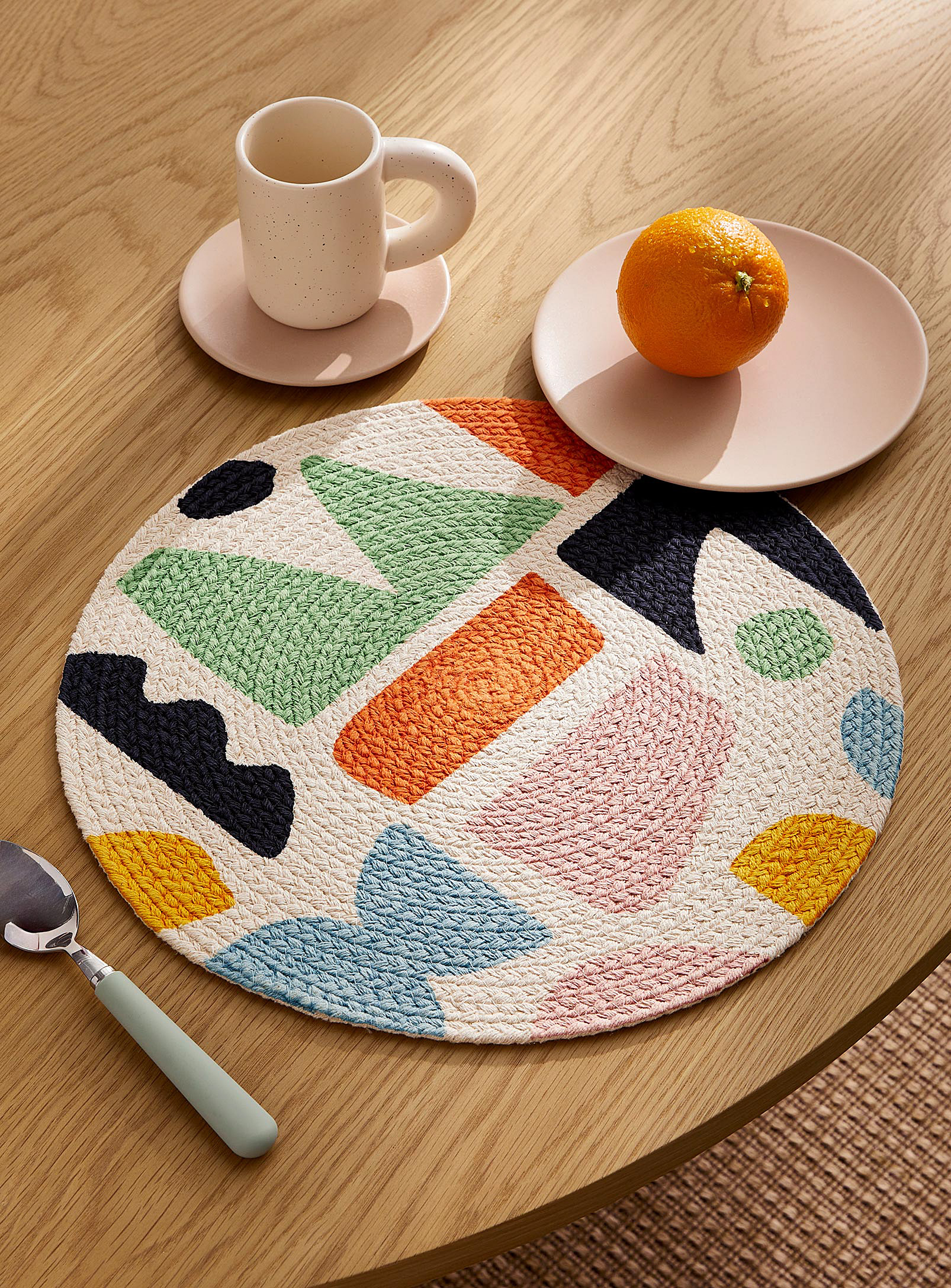 Danica Colourful Shapes Braided Placemat In Patterned Ecru