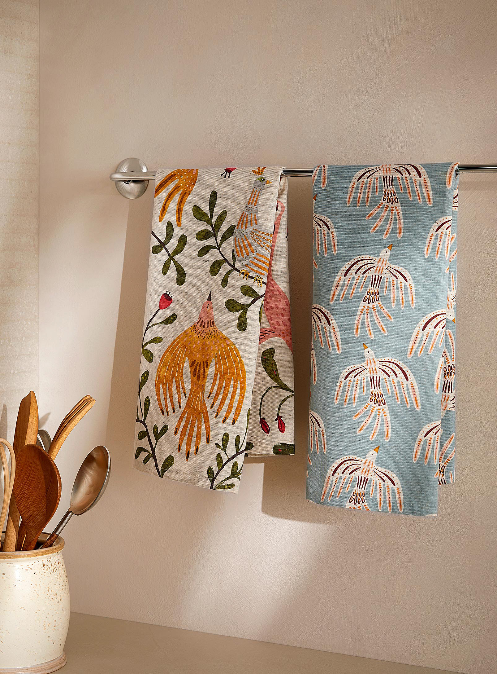 Danica Mystical Birds Cotton And Linen Tea Towels Set Of 2 In Multi