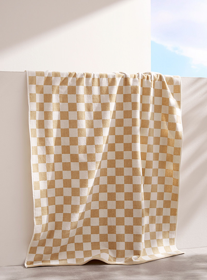 Simons Maison: La serviette de plage coton bio damier 86 x 160 cm Blanc à motifs