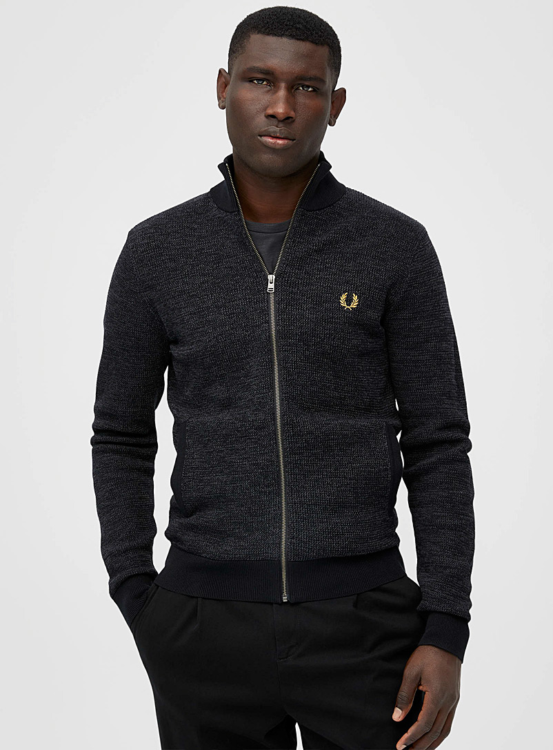 Fred Perry Black Textured heathered knit cardigan for men