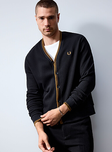 Fred Perry Black Striped-trim piqu&eacute; knit cardigan for men