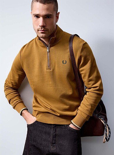 Fred Perry Honey/Camel Embroidered logo zip-neck sweatshirt for men