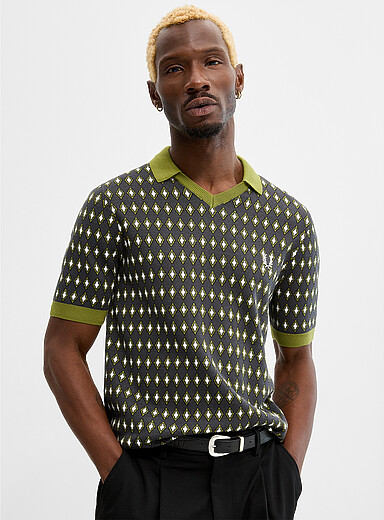 Fred Perry Patterned Grey Diamond mosaic knit polo for men