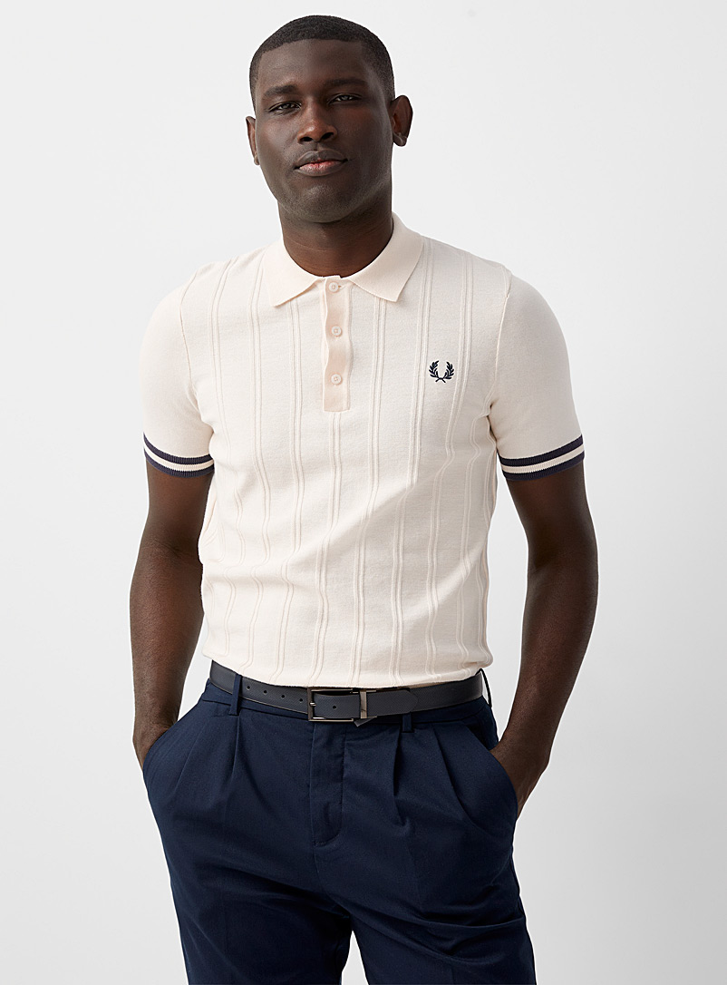 Fred Perry Ivory White Ribbed stripe knit polo for men