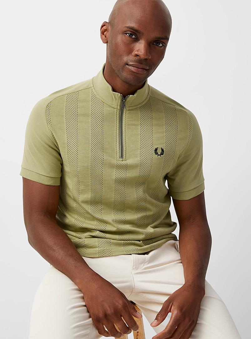 Fred Perry Mossy Green Openwork stripe mock-neck tee for men