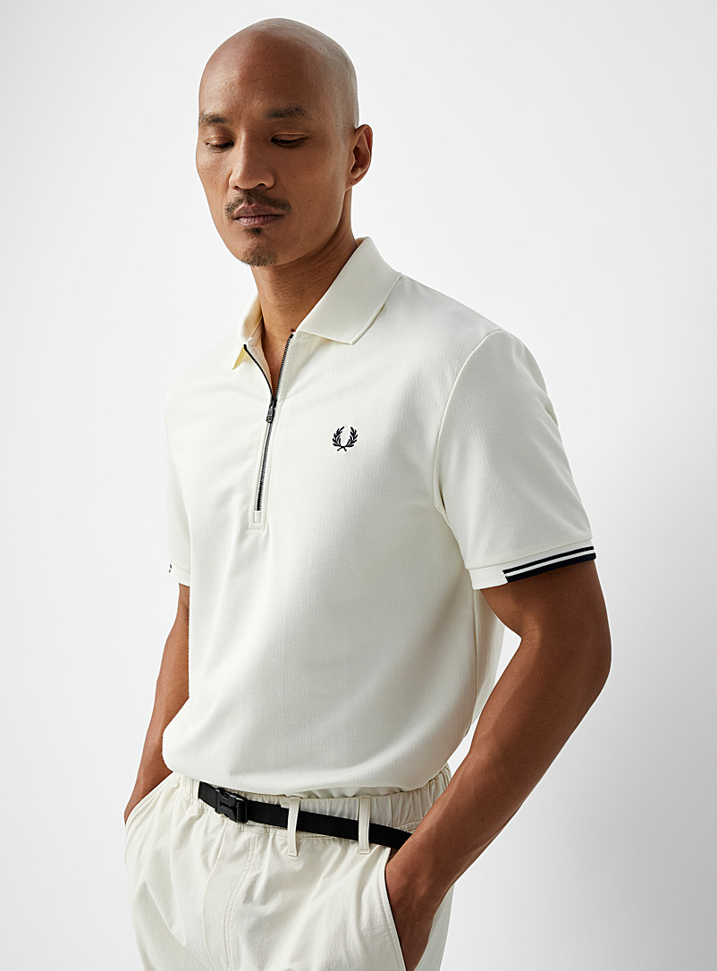 Fred Perry Ivory White Zip-neck beige polo for men