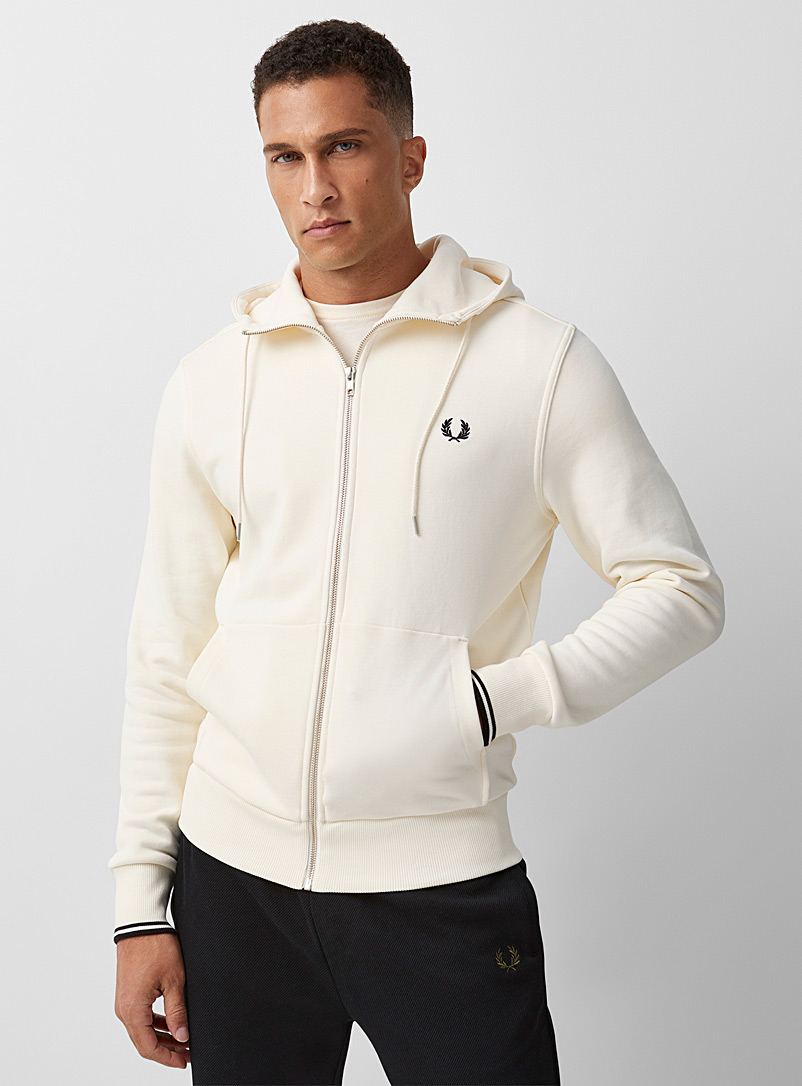 Fred Perry Ivory White Embroidered emblem zip hoodie for men