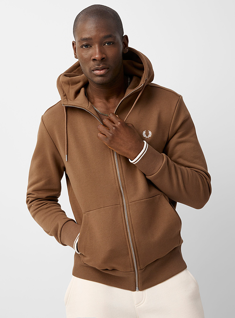 Fred Perry Light Brown Embroidered emblem zip hoodie for men