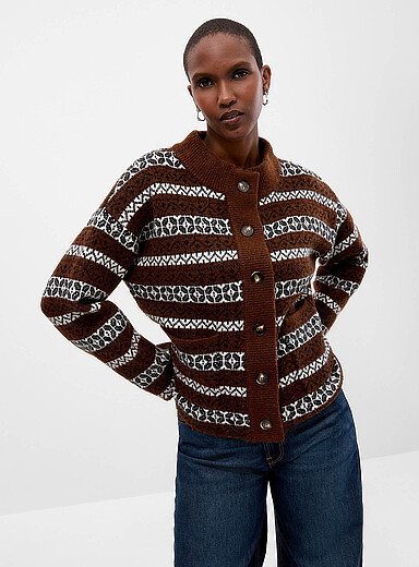Contemporaine Patterned Brown Patch pockets jacquard cardigan for women