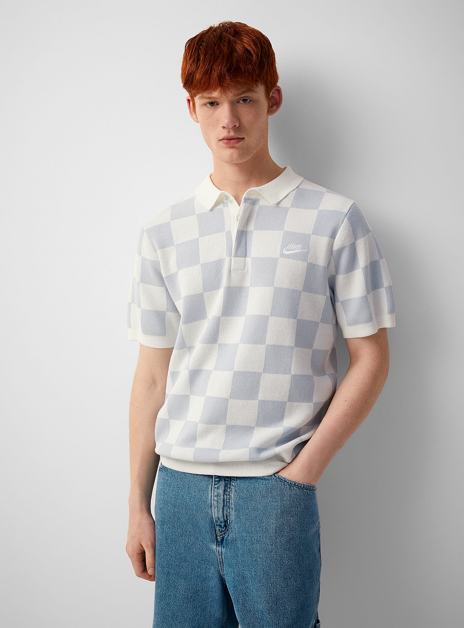 Shop Nike Checkerboard Knit Polo In Off White