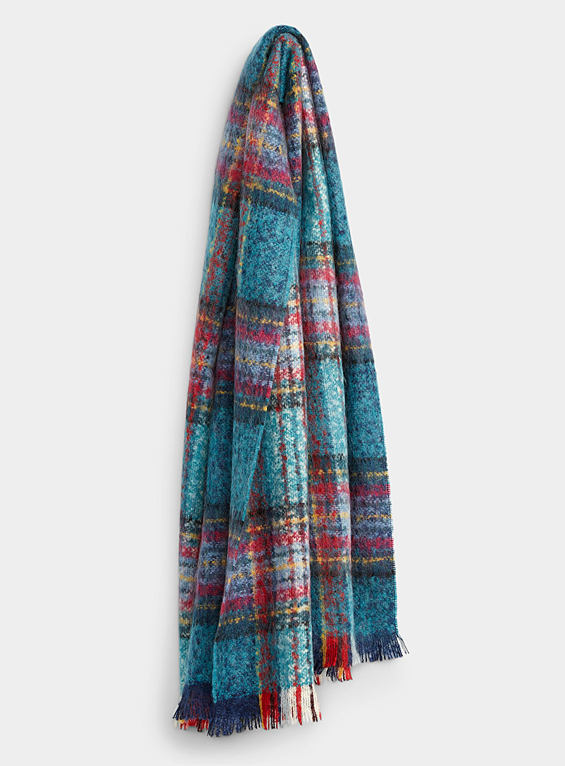 Simons Patterned Blue Mohair-blend tartan scarf for women