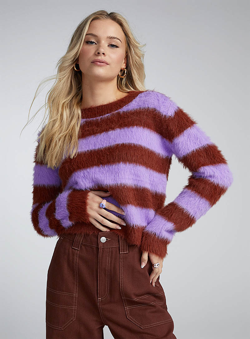Compania Fantastica Patterned Brown Colourful stripes fuzzy sweater for women
