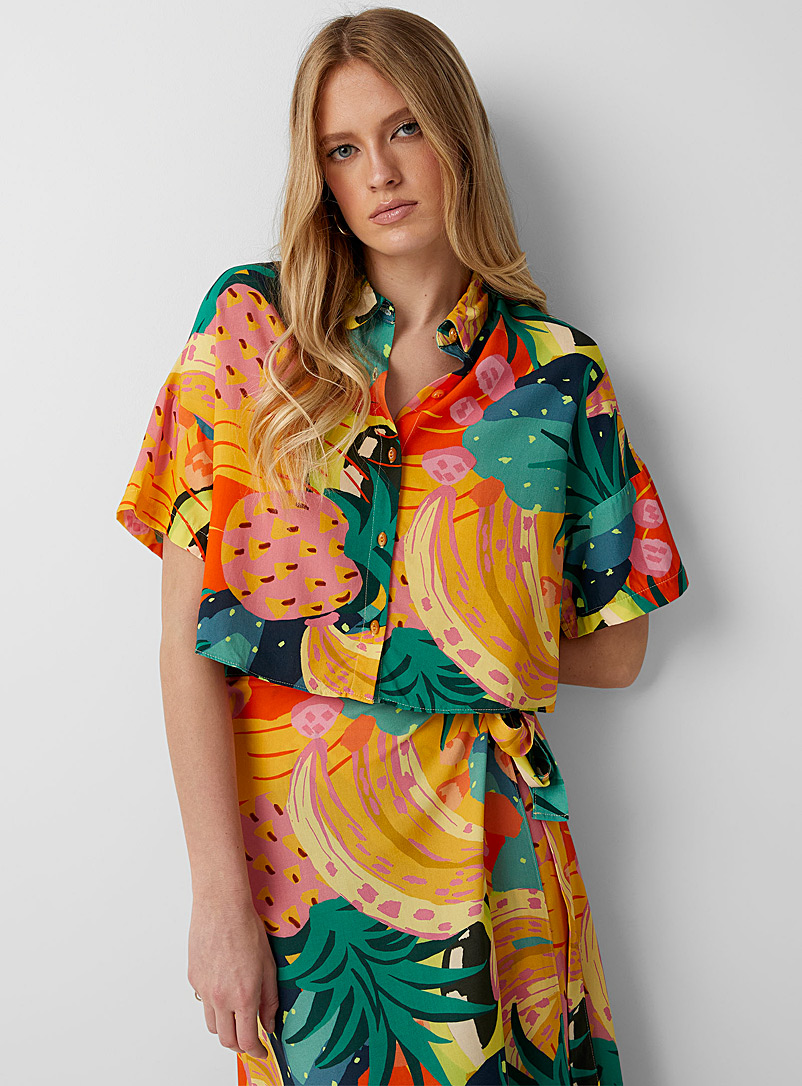 Icône Patterned Yellow Tropical fruit cropped blouse for women
