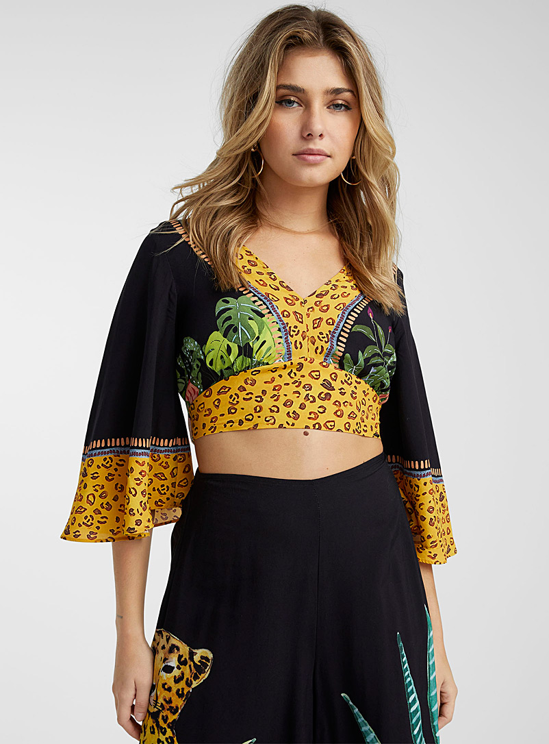 Icône Patterned Black Flared-sleeve tropical blouse for women