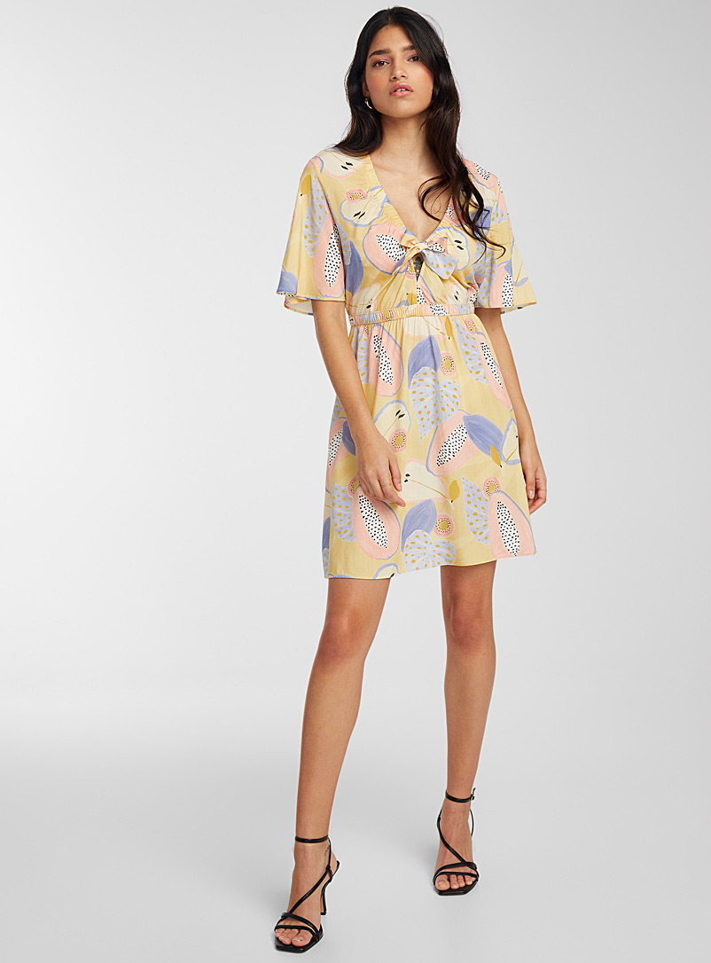 Icône Patterned Yellow Pastel papayas fit-and-flare dress for women