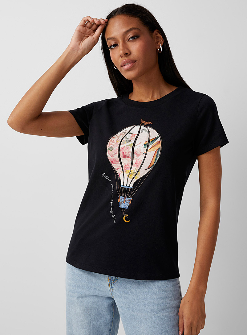Icône Black Embroidered hot air balloon black T-shirt for women