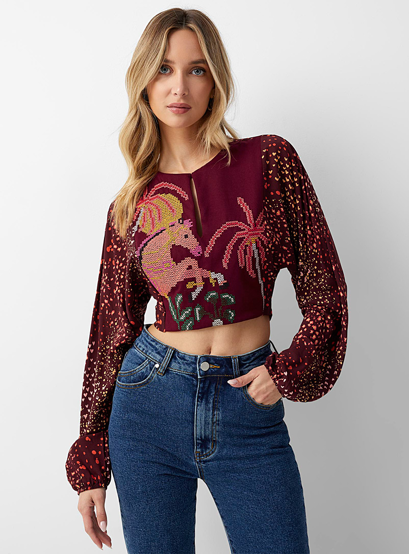 Icône Patterned Red Embroidered pattern open-back cropped blouse for women