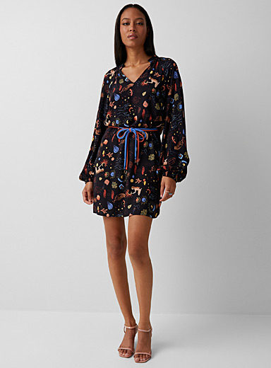 Astrology puff-sleeve belted dress 