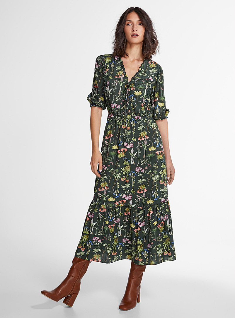 Icône Patterned Green Flowers and forest ultra-plunging V long dress for women