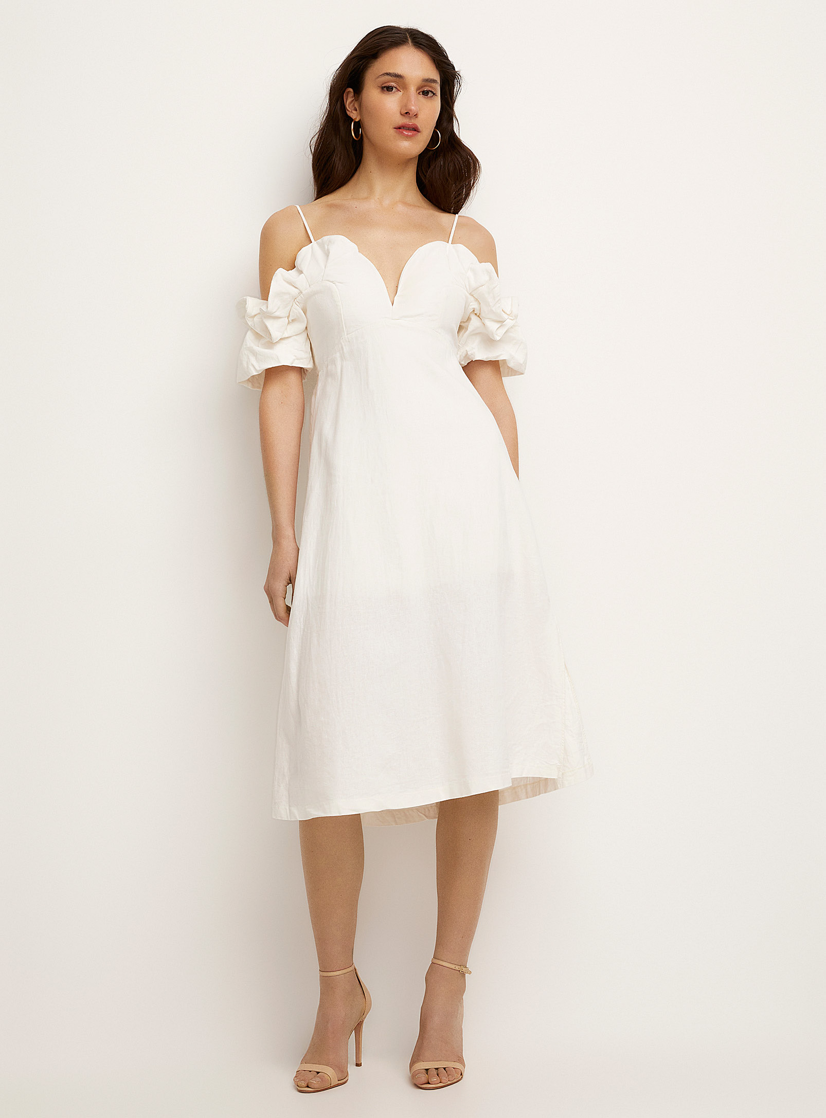 Icone Touch Of Linen Ruffled Edging Midi Dress In Ivory White