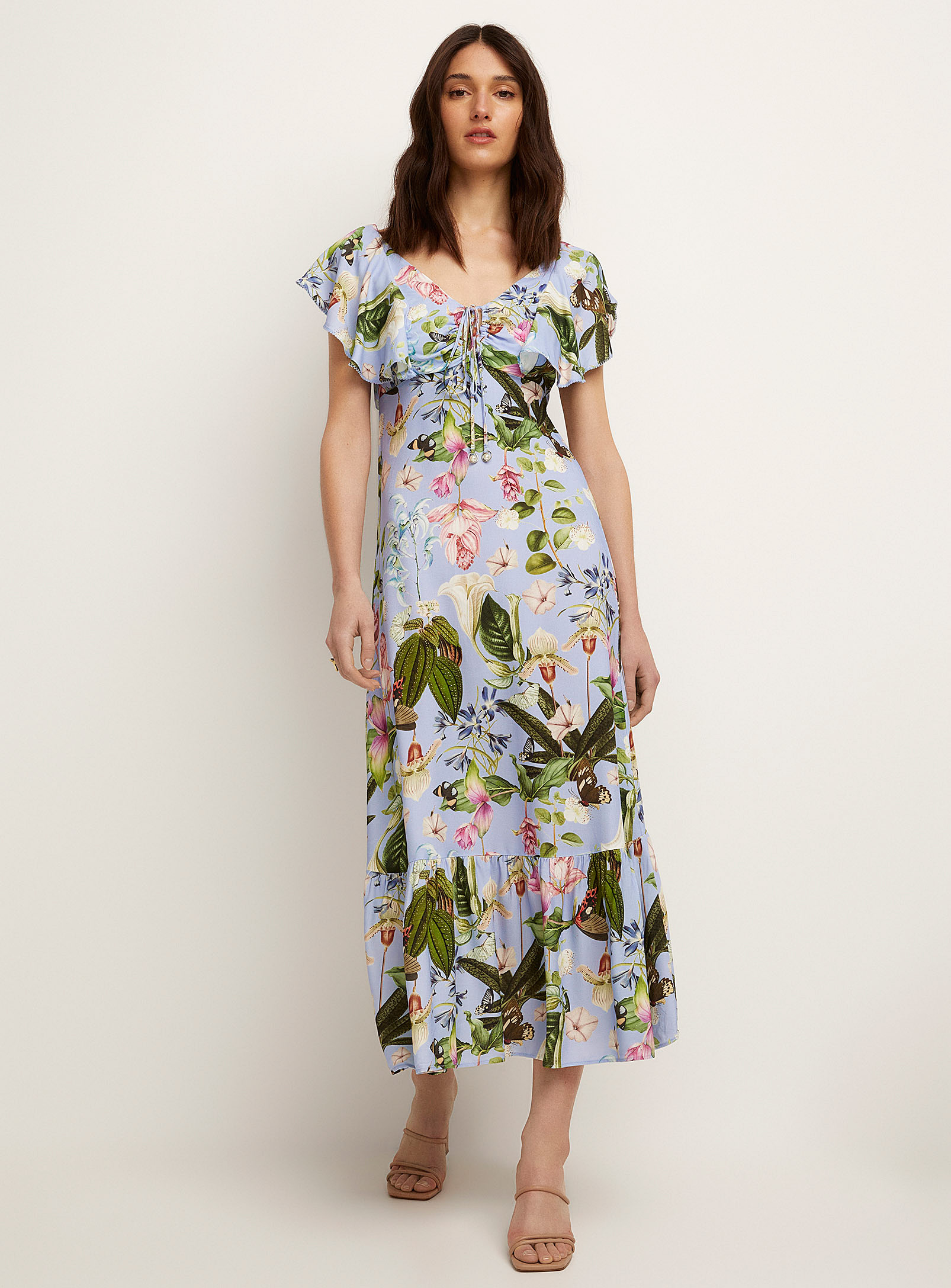 Icone Colourful Garden Tie Back Maxi Dress In Patterned Blue